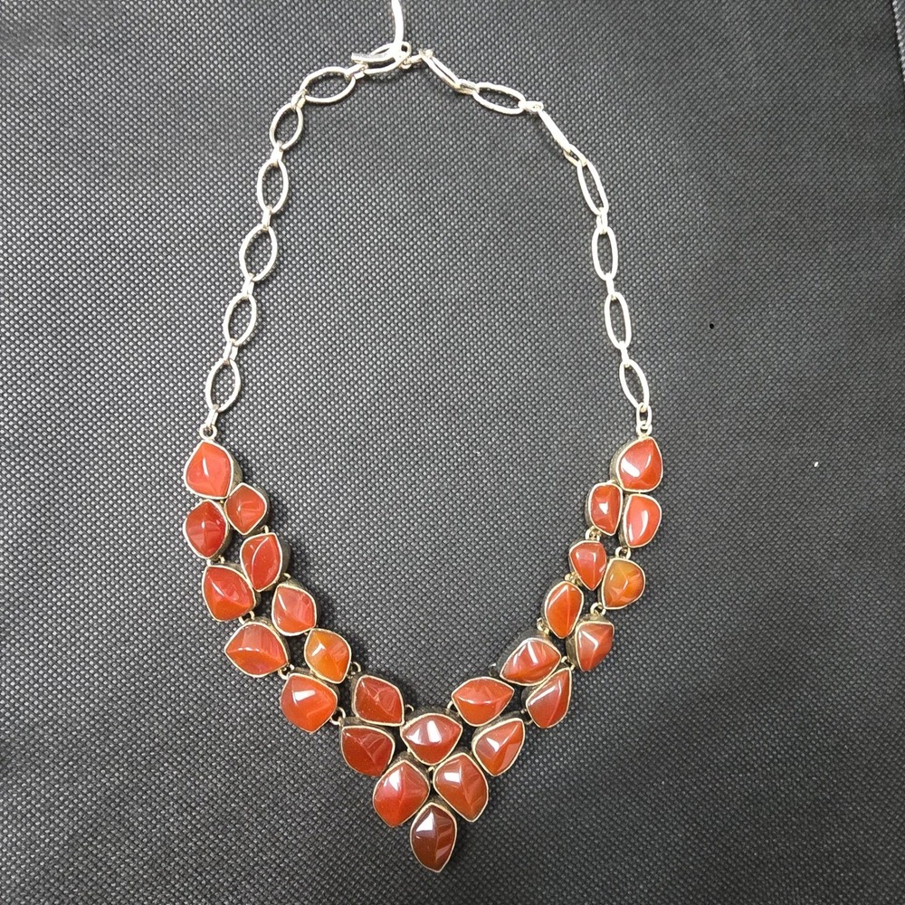 Sterling Silver Carnelian Gemstone Bib Statement Necklace Orange Toggle Clasp